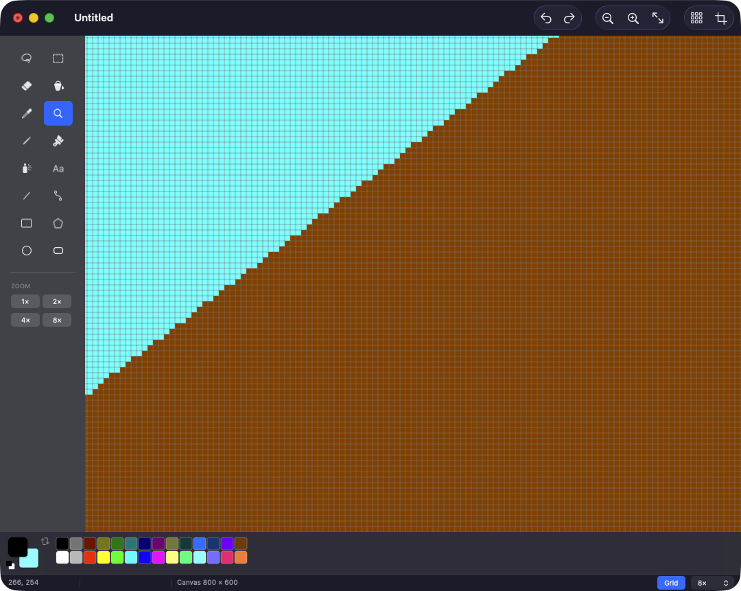 Pictor zoomed to 800% showing the pixel grid and the hard staircase edge between a brown shape and a cyan background.
